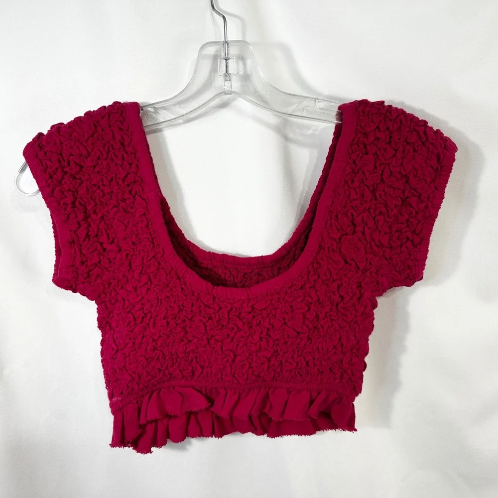 Free People XS Crop Top Cropped Smocked Raspberry Hot Pink Short Sleeve Y2K 1479